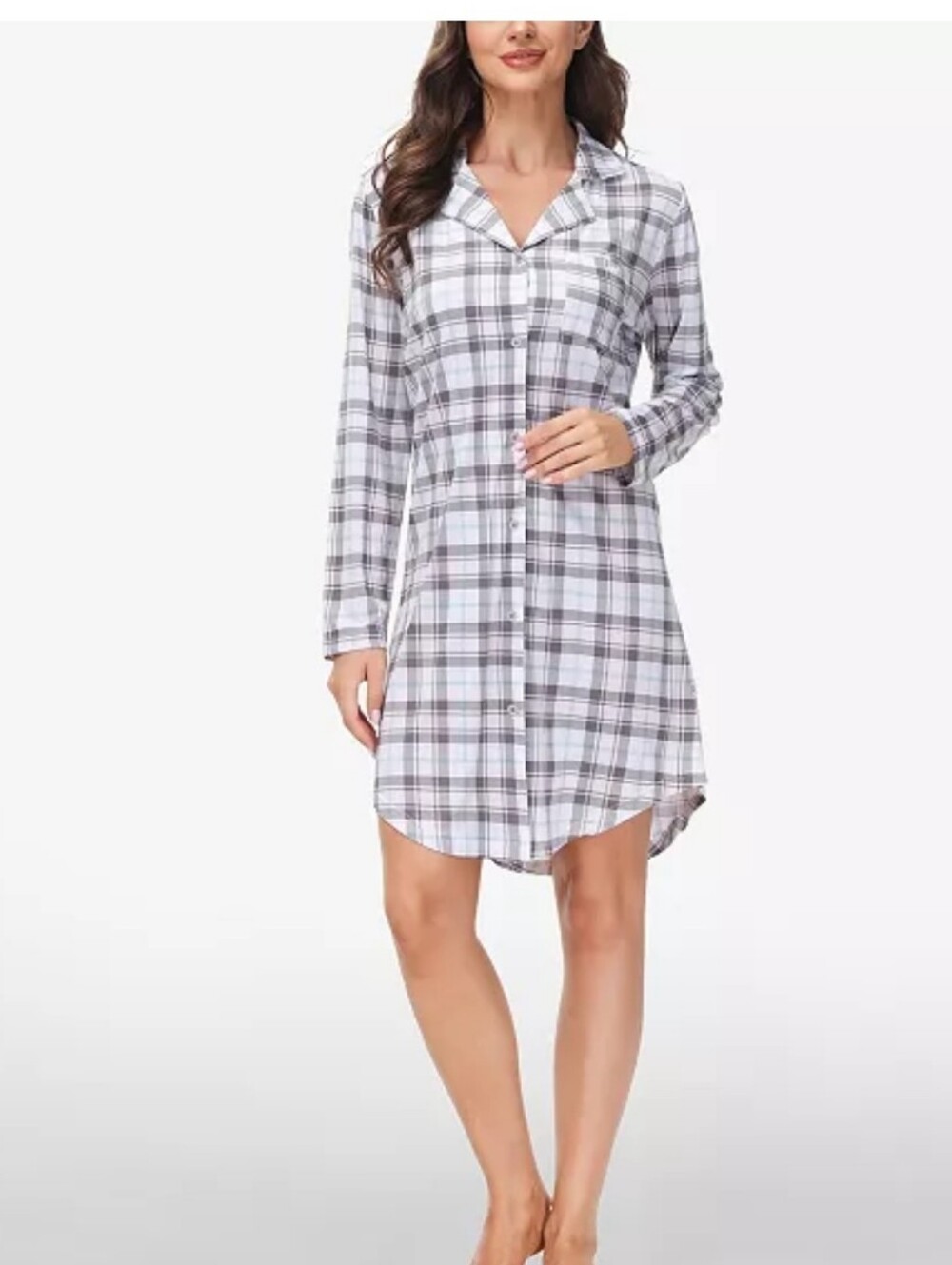 Echo Printed Notch Collar Sleepshirt Small Button Front Plaid Jersey Knit